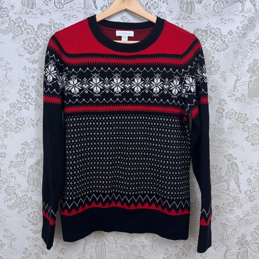 Charter Club Sweater Holiday Fair Isle Black Red Nordic Print Crew Neck Pullover